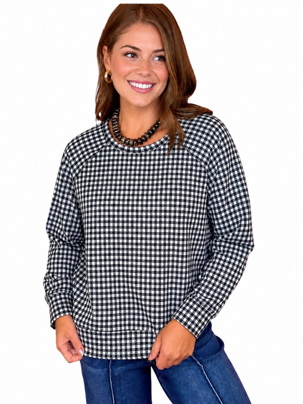 New Umgee Navy Blue & White Gingham Relaxed Fit Farmhouse Pullover Sweatshirt